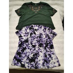 SET Sz L Petite Croft & Barrow Purple Short Sleeve Blouse + Embroidered V Neck